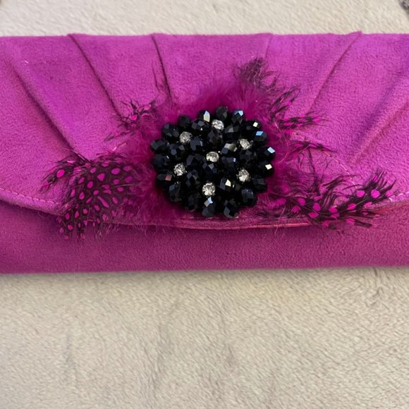 Amici Fuchsia Feathered Shoulder Clutch Purse - Picture 2 of 6